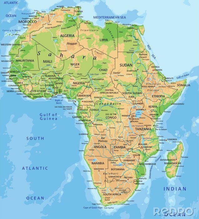 Canvas Hoge gedetailleerde Afrika fysieke kaart met de etikettering.