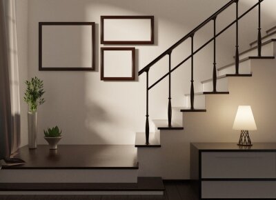 Canvas Home interior in a Scandinavian style with empty frames on a wall. Stairs to a second floor. Lamp on a table and sun shadows. 3D rendering.