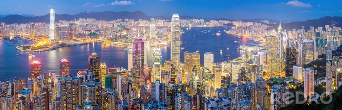 Canvas Hong Kong skyline bij zonsondergang Panorama