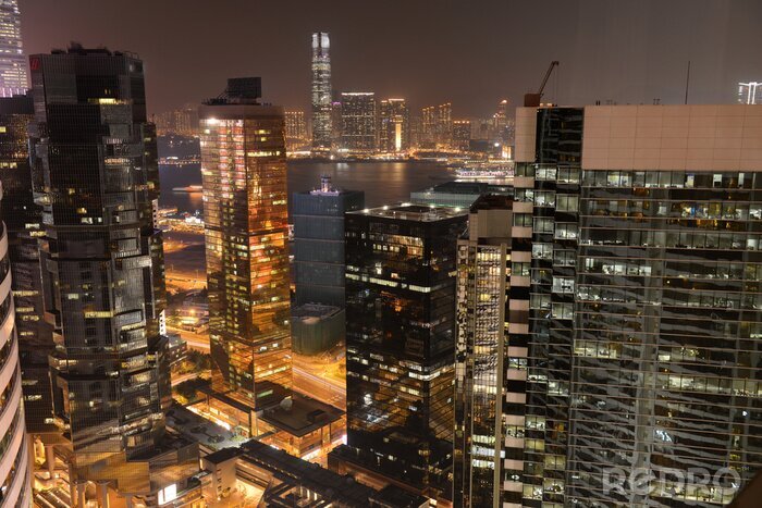 Canvas Hong Kong skyline van de stad bij nacht