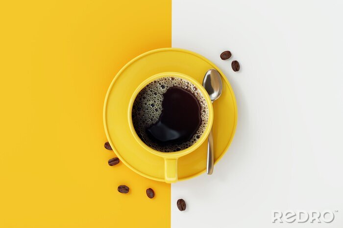Canvas Hoogste mening van koffiekop op gele en witte achtergrond.