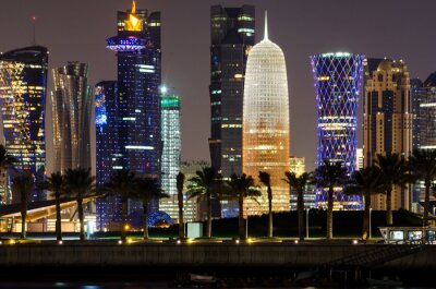Canvas Horizon Doha bij nacht, Qatar, het Midden-Oosten