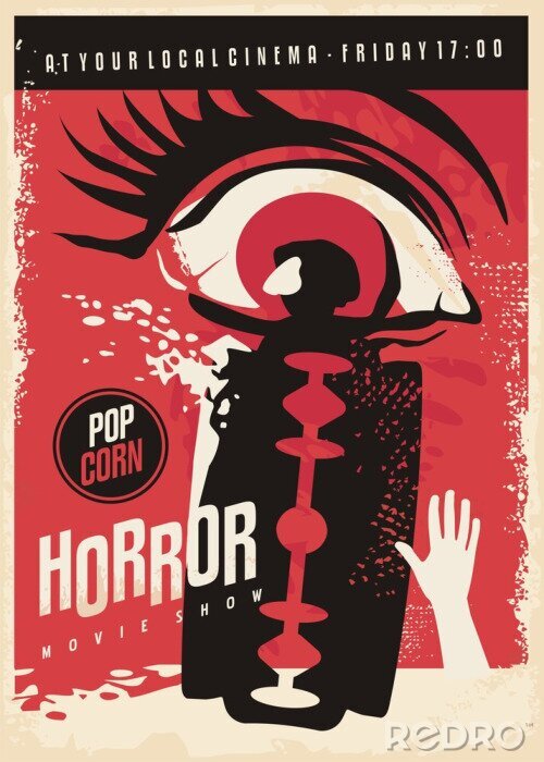 Canvas Horror movie poster design with scary eye and bloody razor blade. Retro poster vector illustration.