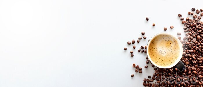 Canvas hot espresso and coffee bean on white table with soft-focus and over light in the background. top view