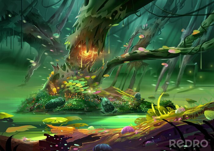 Canvas Illustratie: De Magische Boom in The Magnificent en Mysterieus en Scary Forest. Realistische stijl Cartoon Scene / Wallpaper / Achtergrond Design.