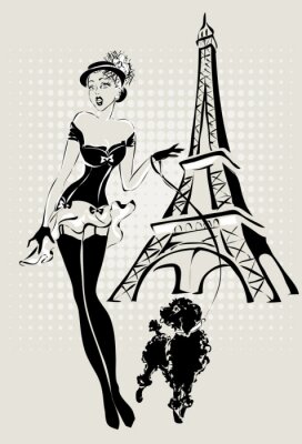 Canvas illustratie Fashion vrouw in de buurt van de Eiffeltoren met hondje