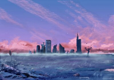 Canvas Illustratie: tussen de stad en de wildernis. Fantastische Style Cartoon Scene ontwerp als achtergrond met Story.