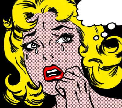 Canvas illustration of a crying woman in the style of 60s comic books, pop art