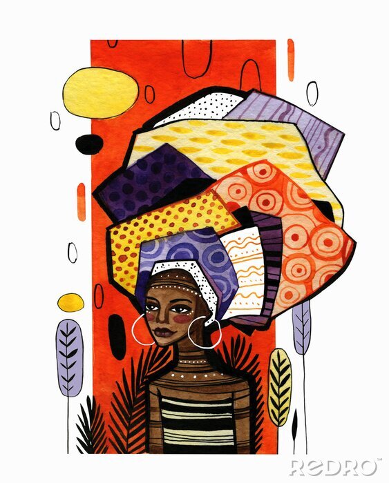 Canvas Illustration of an african american girl on a background of orange vertical stripe. Watercolor work with graphic elements is done in warm colors.