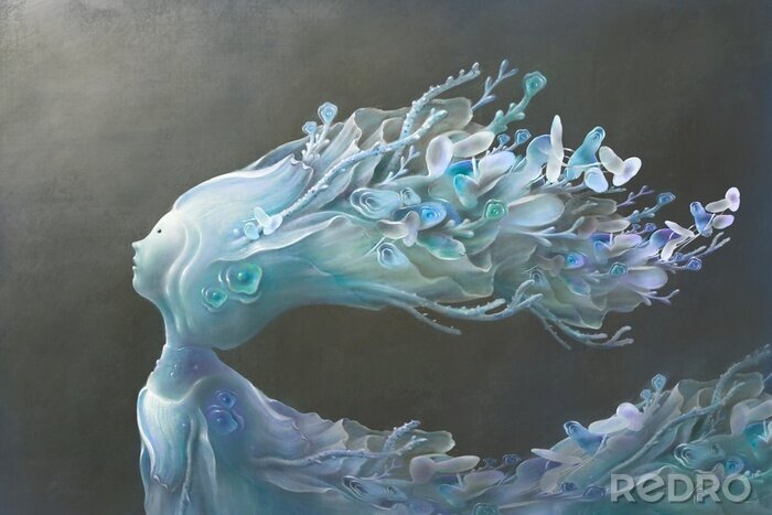 Canvas Imagination lonely girl with nature head looking for the light, fantasy art, hope concept, surreal painting, freedom