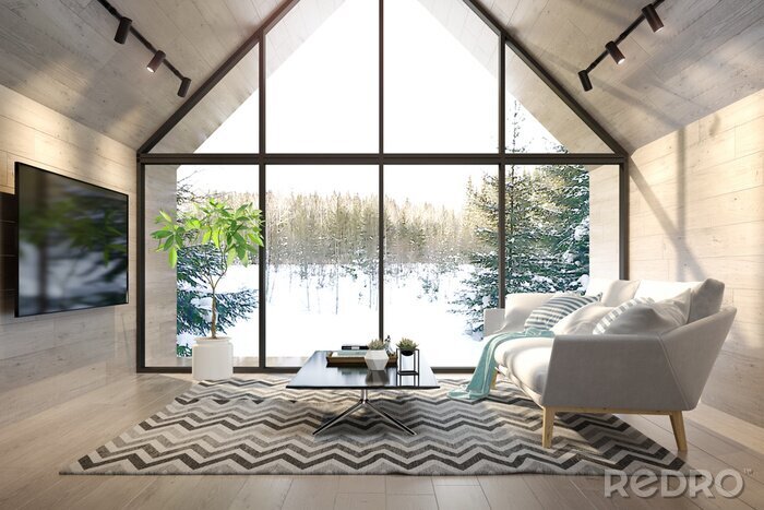 Canvas Interior living room of a forest house 3D rendering