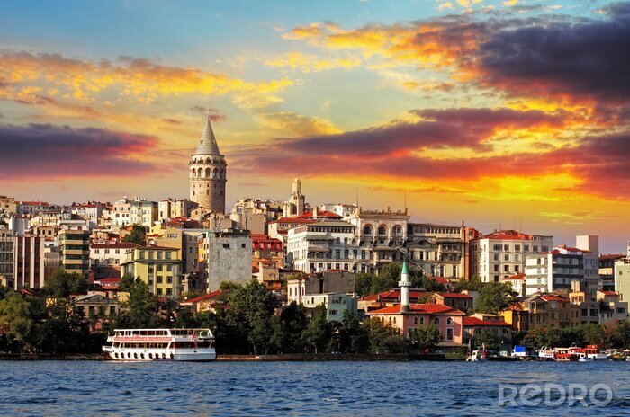 Canvas Istanbul bij zonsondergang - wijk Galata, Turkije