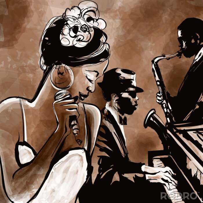 Canvas Jazz band met zangeres, saxofoon en piano - illustratie