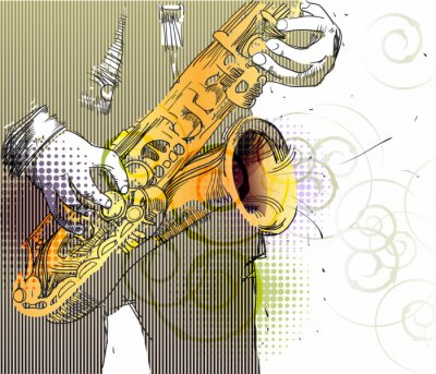 jazzman in een gestreept pak met een gouden saxofoon