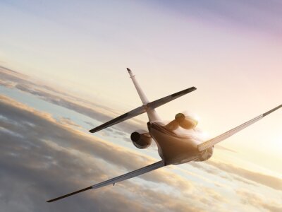 Canvas Jet vliegtuig op vliegen naar de zonsondergang