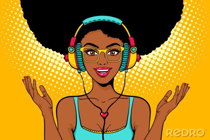 Canvas Jonge sexy Afro-Amerikaanse zwarte vrouw met open glimlach in koptelefoon luisteren naar de muziek en het verspreiden van haar handen. Vector heldere achtergrond in pop art retro grappige stijl. uitno