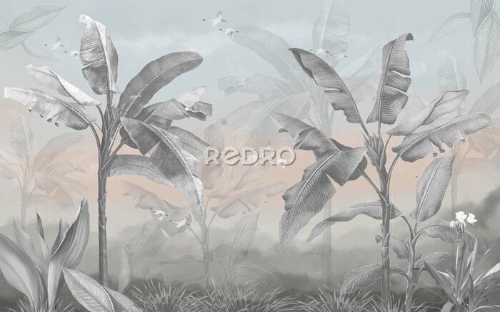 Canvas Jungle met vogels en palmbomen