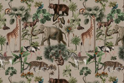 Fotobehang Jungle pattern background wild animals illustration