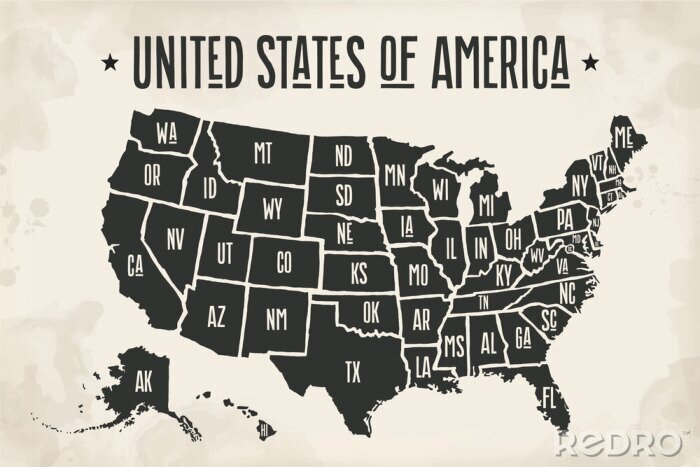 Canvas kaart poster van de Verenigde Staten van Amerika met de staat namen. Zwart-wit afdrukken kaart van de VS voor t-shirt, poster of geografische thema's. Handgetekende lettertype en zwarte kaart met stat