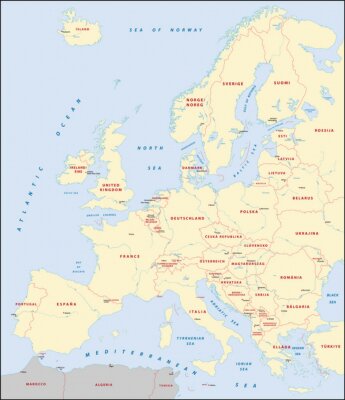 Kaart van Europa met rode opschriften