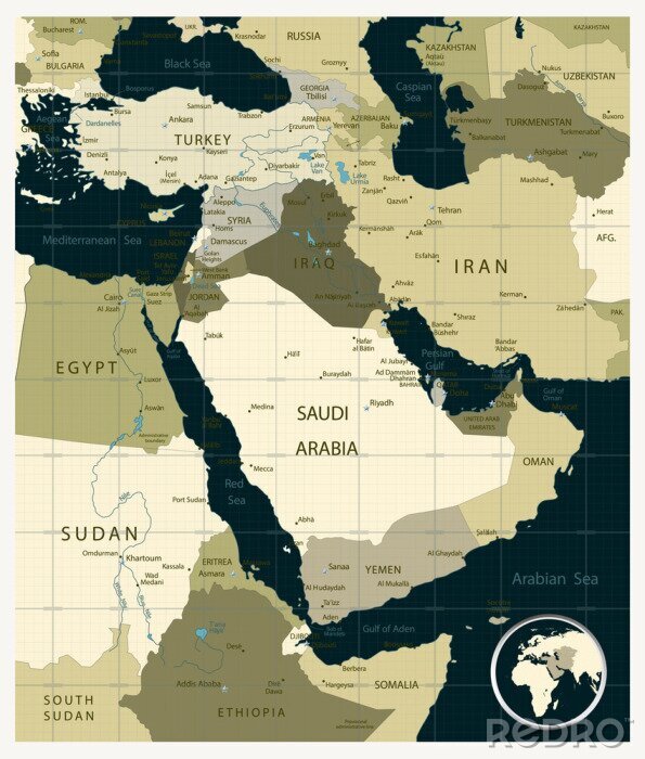 Canvas Kaart van het Midden-Oosten en Azië camouflagekleuren met een Quadrants