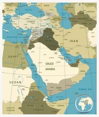 Canvas Kaart van het Midden-Oosten en Azië. militaire Kleuren