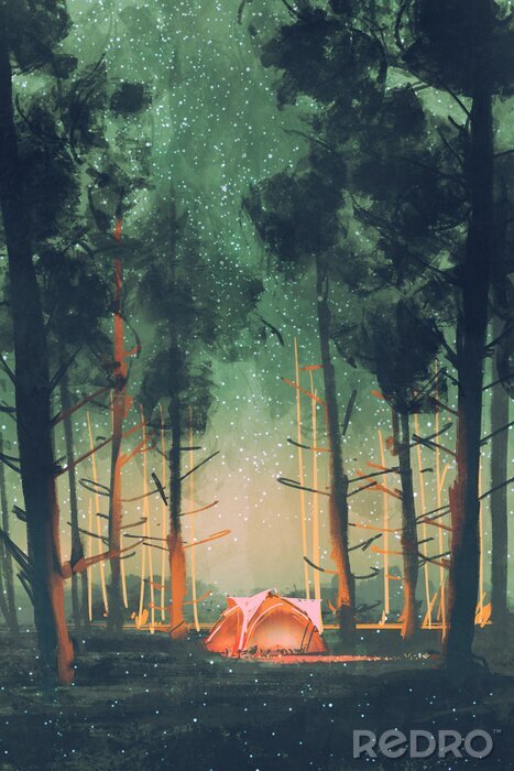 Canvas kamperen in het bos 's nachts met sterren en vuurvliegjes, illustratie, digitaal schilderen