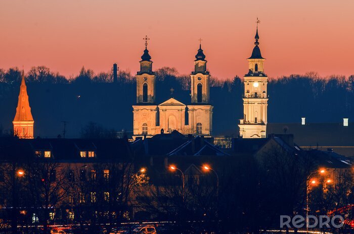 Canvas Kaunas (Litouwen) oude stad in de avond