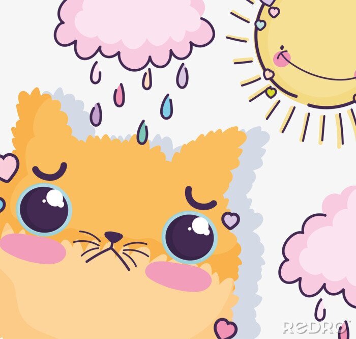 Canvas kawaii cartoon cute cat in the rainy day