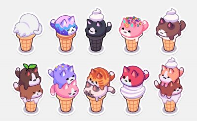 Canvas kawaii ice cream cats stickers. ice cream with different balls in the form of round kittens in the waffle cone. Funny stickers for your design.