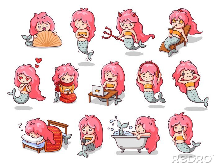 Canvas Kawaii mermaids in various poses, with different facial expressions. Hand drawn sticker vector set. All elements are isolated.