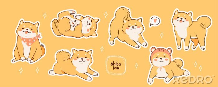 Canvas Kawaii Shiba Inu-honden in verschillende poses. Hand getrokken sticker vector set. Alle elementen zijn geïsoleerd