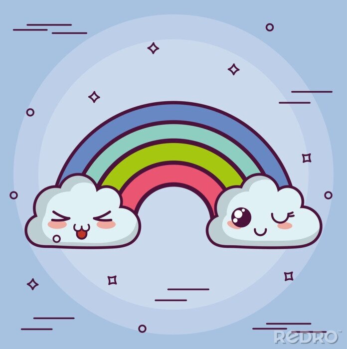 Canvas Kawaii wolk met een regenboog pictogram over paars achtergrond. Kleurrijk ontwerp. Vector illustratie