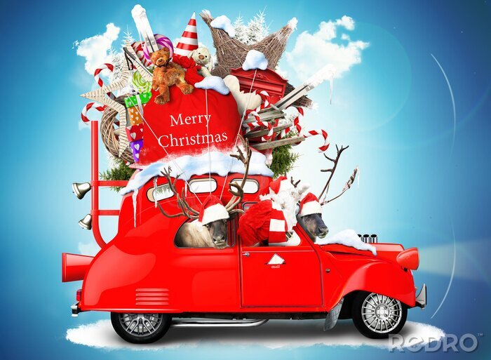 Canvas Kerstman met rendieren in een auto met geschenken