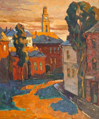 Fotobehang Kind op de stad, olieverf op een doek