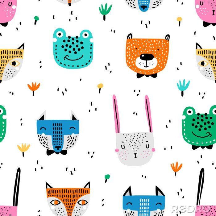 Canvas Kinderachtig naadloos patroon met hand getrokken dieren. Trendy Scandinavische vector achtergrond. Vectortextuur in kinderachtige stijl groot voor stof en textiel, behang, achtergronden.