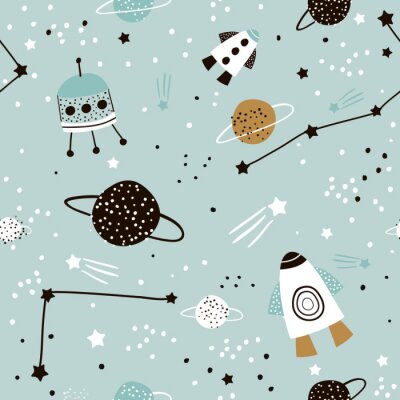 Kinderachtig naadloos patroon met hand getrokken ruimte elementenruimte, raket, ster, planeet, ruimtesonde. Trendy kinderen vector achtergrond.