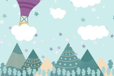 Canvas Kinderkamer behang met grafische illustratie winter bos, berg en luchtballon. Kan worden gebruikt voor afdrukken op de muur, kussens, decoratie kinderinterieur, babykleding, shirts en wenskaart