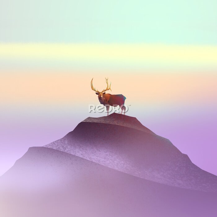 Canvas Kleur tekening van een hert op de berg