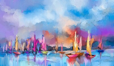 Canvas Kleuren van zeilboten op zee