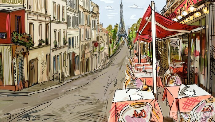 Canvas Kleurenillustratie van een straat in Parijs