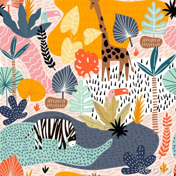 Canvas Kleurrijk safari dierenpatroon tussen tropische planten