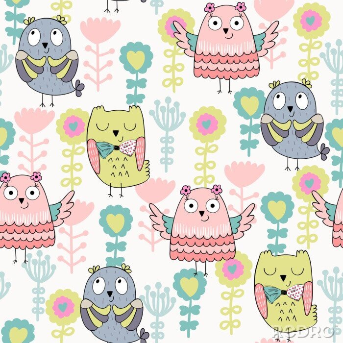 Canvas Kleurrijke grafische uilen en bloemen