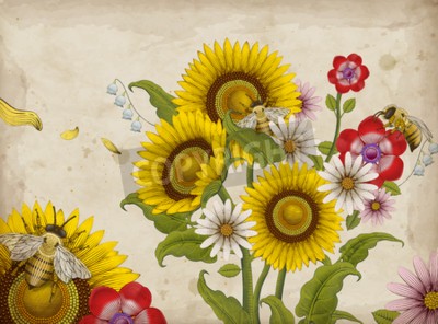 Canvas Kleurrijke illustratie met zonnebloemen
