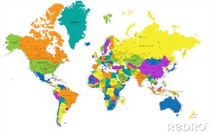 Canvas Kleurrijke kaart van de wereld met de verdeling van landen