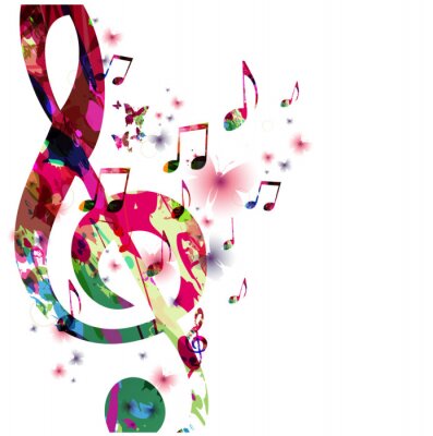 Canvas Kleurrijke muziek noten met vlinders geïsoleerde vector illustratie. Muziek achtergrond voor poster, brochure, banner, flyer, concert, muziekfestival