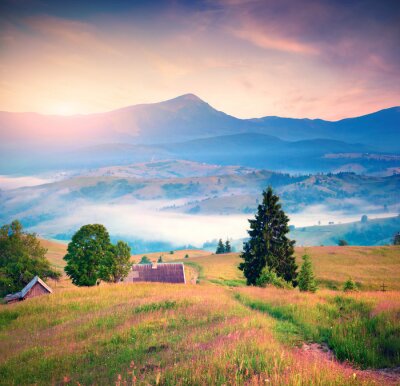 Canvas Kleurrijke ochtend panorama van de ochtend bergen