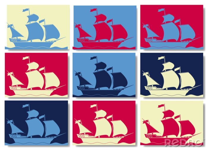 Canvas Kleurrijke prenten met zeilschepen