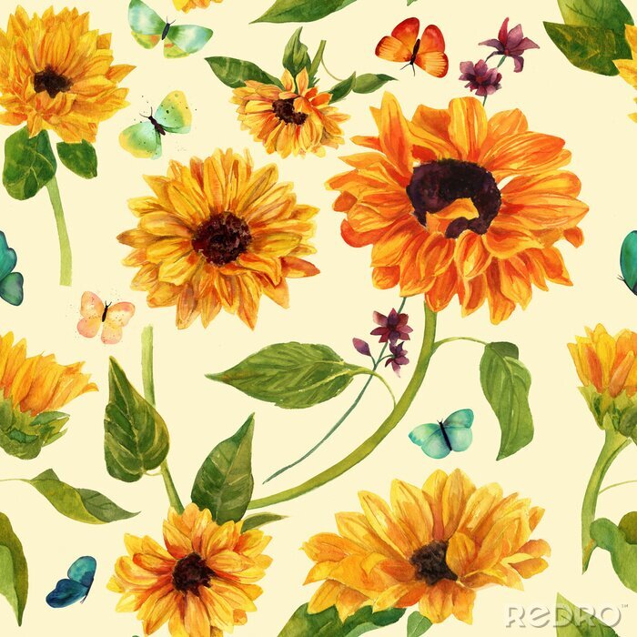 Canvas Kleurrijke vlinders en zonnebloemen