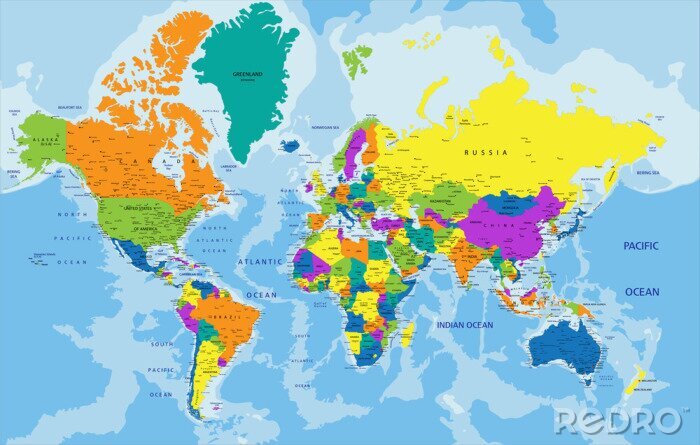 Canvas Kleurrijke wereldkaart en oceanen